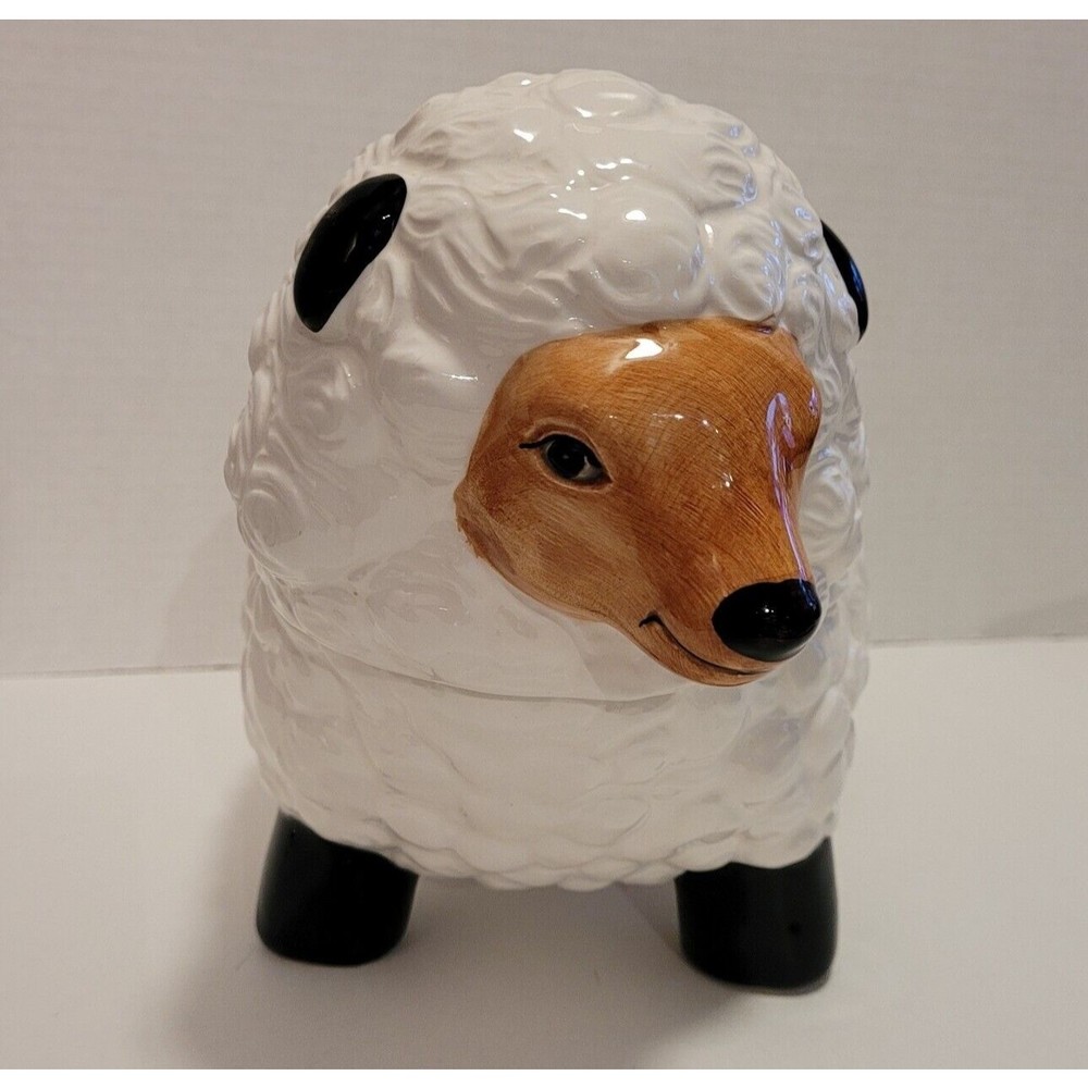 Vintage AMC NY Black White Lamb Sheep Ceramic Cookie Jar Canister "Baaa" Sound